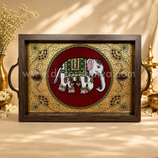 Elephant Multipurpose Tray with Reverse Glass Painting | Traditional Tanjore Art – PVK3