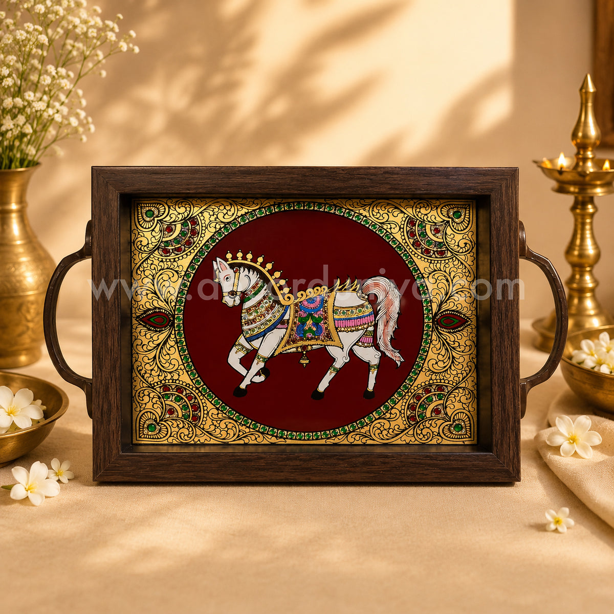 Horse Multipurpose Tray with Reverse Glass Painting | Traditional Tanjore Art – PVK4