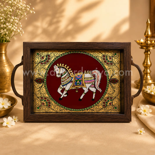 Horse Multipurpose Tray with Reverse Glass Painting | Traditional Tanjore Art – PVK4