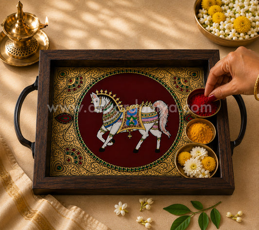 Horse Multipurpose Tray with Reverse Glass Painting | Traditional Tanjore Art – PVK4