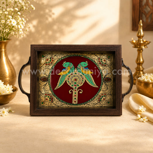 Twin Parrot Multipurpose Tray with Reverse Glass Painting | Traditional Tanjore Art – PVK6