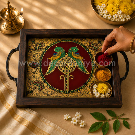 Twin Parrot Multipurpose Tray with Reverse Glass Painting | Traditional Tanjore Art – PVK6