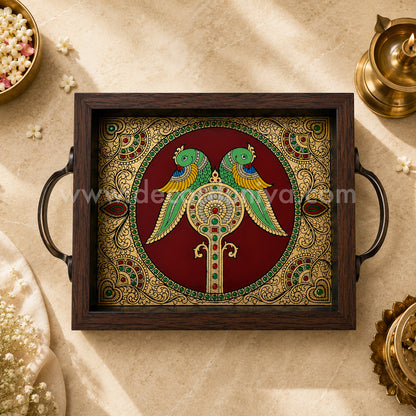 Twin Parrot Multipurpose Tray with Reverse Glass Painting | Traditional Tanjore Art – PVK7