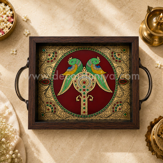 Twin Parrot Multipurpose Tray with Reverse Glass Painting | Traditional Tanjore Art – PVK7