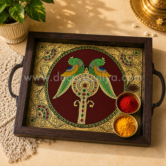 Twin Parrot Multipurpose Tray with Reverse Glass Painting | Traditional Tanjore Art – PVK7