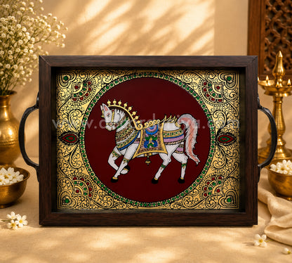 Horse Multipurpose Tray with Reverse Glass Painting | Traditional Tanjore Art – PVK8
