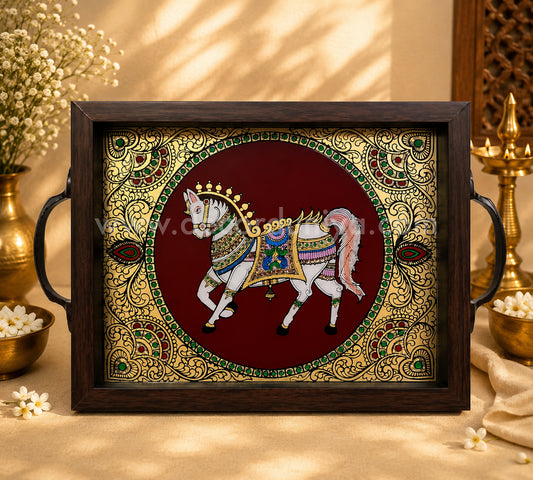 Horse Multipurpose Tray with Reverse Glass Painting | Traditional Tanjore Art – PVK8