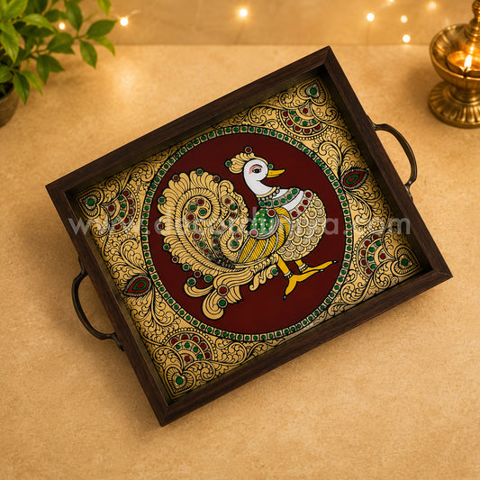 Peacock Multipurpose Tray with Reverse Glass Painting | Traditional Tanjore Art – PVK9
