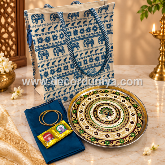 High Quality Canvas Bag, SS Meenakari Plate, Silk Cotton Blouse, Bangles and Manjal Kum Kum Packet | Return Gift Combo - RGC10