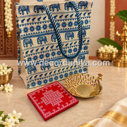 Fine Quality Canvas Bag, Wooden Manai and Meenakari Peacock Candle Light Holder | Return Gift Combo - RGC11