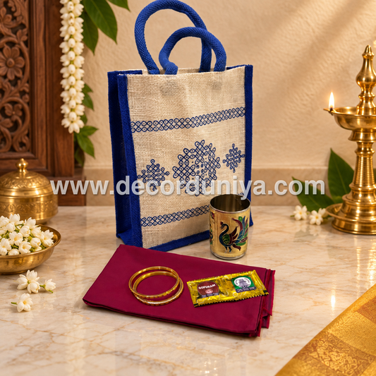 Jute Bag, Silk Cotton Blouse Bit, Bangles, Manjal Kum Kum Packet and SS Meenakari Tumbler | Return Gift Combo - RGC15