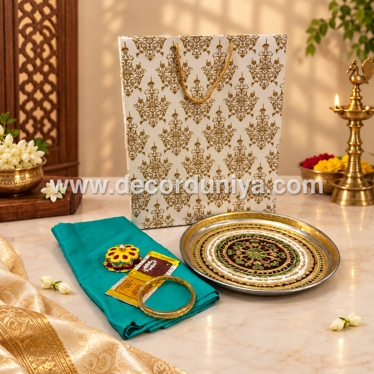 Paper Board Bag, Silk Cotton Blouse Bit | KumKum Holder, Bangles, Manjal KumKum Packet & Stainless Steel Meenakari Plate | Return Gift Combo - RGC4