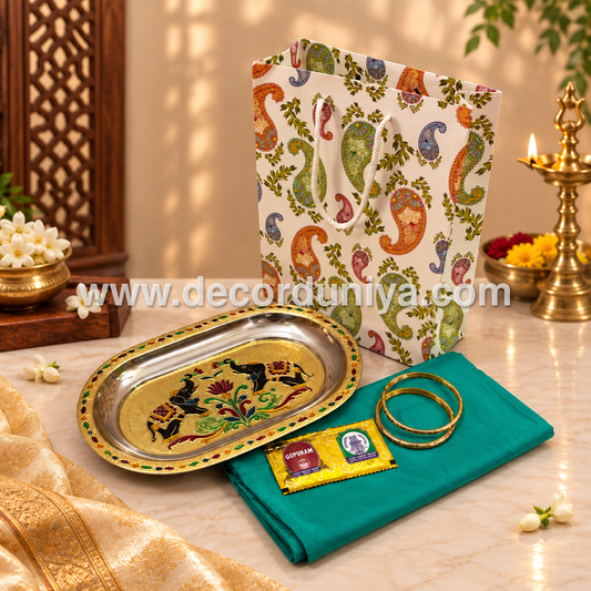 Paper Board Bag, Silk Cotton Blouse Bit | Bangles, Manjal KumKum Packet & Stainless Steel Meenakari Plate | Return Gift Combo - RGC5