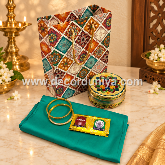 Paper Board Bag, Silk Cotton Blouse Bit | Bangles, Manjal KumKum Packet & Stainless Steel Meenakari Poori Box | Return Gift Combo - RGC6