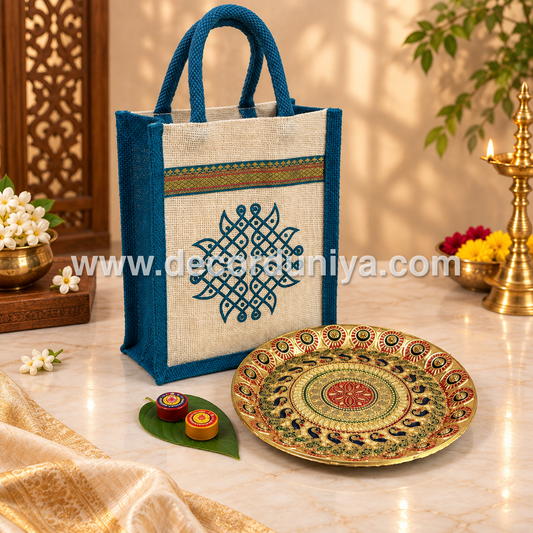 Jute Bag, Meenakari Plate, Manjal Kum Kum Packet | Return Gift Combo - RGC8