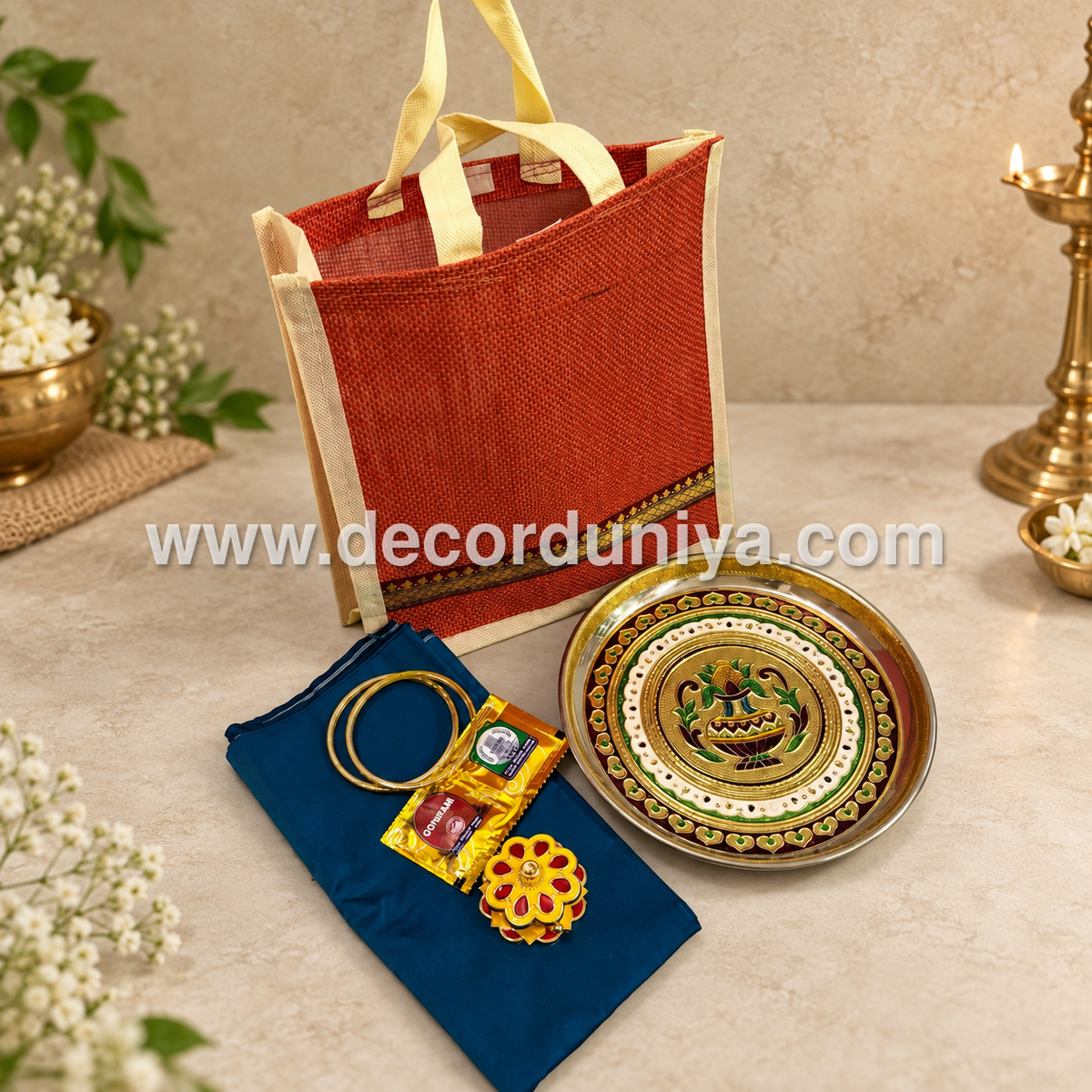 Jute Bag, Meenakari Plate, Silk Cotton Blouse, Bangles, Manjal Kum Kum Packet, Kum Kum Holder| Return Gift Combo - RGC9