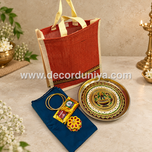 Jute Bag, Meenakari Plate, Silk Cotton Blouse, Bangles, Manjal Kum Kum Packet, Kum Kum Holder| Return Gift Combo - RGC9