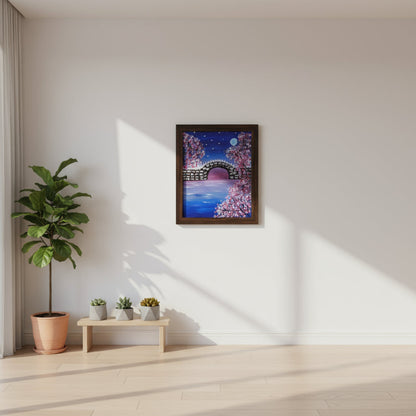 Framed artwork of a cherry blossom archway at night with a full moon on a wooden background.