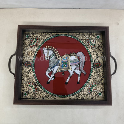 Multipurpose Horse Tray | Reverse Glass Painting | Tanjore Artwork - PVK10
