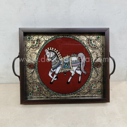 Multipurpose Horse Tray | Reverse Glass Painting | Tanjore Artwork - PVK10