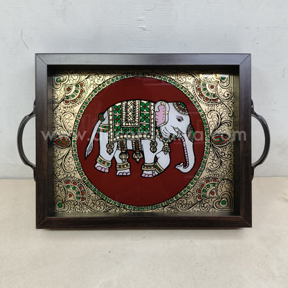 Multipurpose Elephant Tray | Reverse Glass Painting | Tanjore Artwork - PVK3