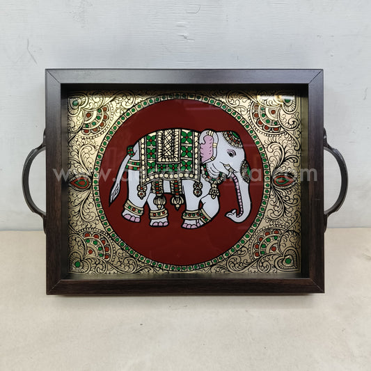 Multipurpose Elephant Tray | Reverse Glass Painting | Tanjore Artwork - PVK3